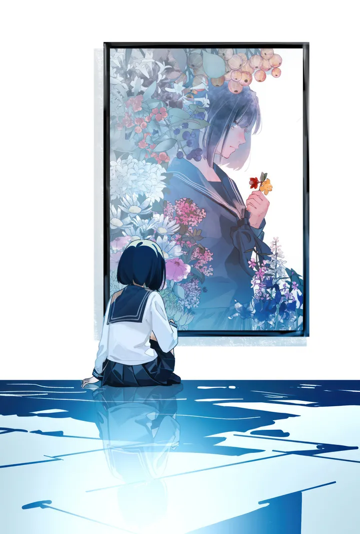 1girl,solo,reflection,sitting,holding,holding_flower,school_uniform,serafuku,sailor_collar,bob_cut,pleated_skirt,short_hair,skirt,vertical,red_flower,from_behind,shirt,pantyhose,long_sleeves,flower,black_hair,black_sailor_collar,black_skirt