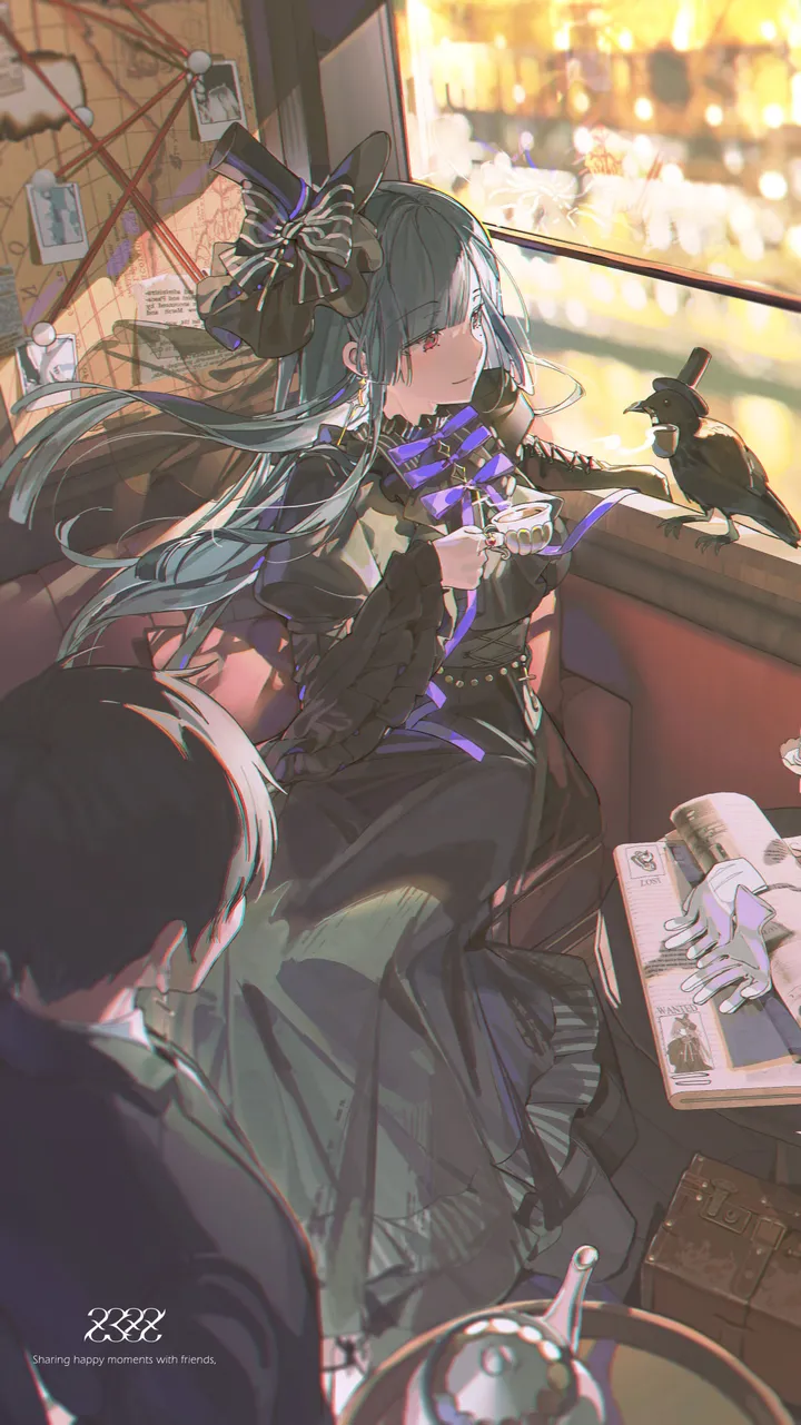 1girl,1boy,bangs,solo_focus,gothic_lolita,sitting,indoors,wide_sleeves,hat,gloves,holding_cup,holding,cup,blurry,formal,lolita_fashion,window,vertical,red_eyes,frills,blue_hair,bow,suit,dress,mini_hat,mini_top_hat,long_hair,long_sleeves,top_hat,bird,black_hair,black_headwear,black_dress