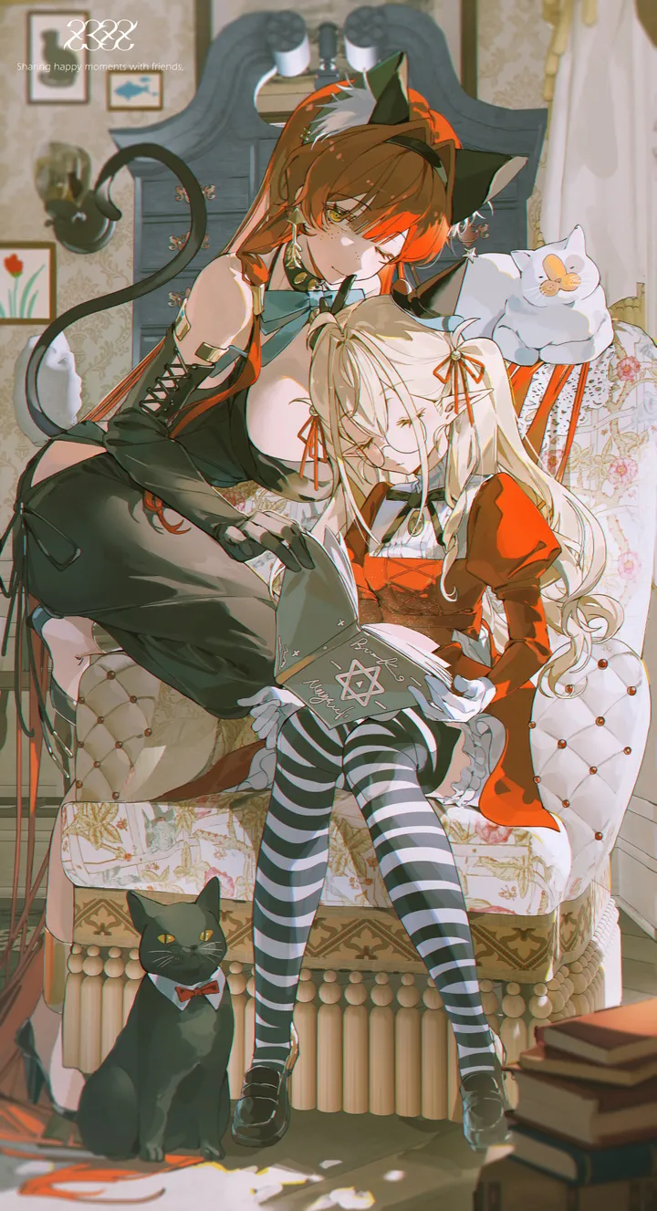 2girls,ribbon,book,book_stack,breasts,cleavage,side_slit,full_body,animal_ears,bangs,animal,fake_animal_ears,closed_eyes,hairband,closed_mouth,sitting,multiple_girls,hair_ribbon,indoors,tail,very_long_hair,gloves,armchair,holding,holding_book,juliet_sleeves,striped,brown_hair,chair,cat,cat_girl,cat_tail,cat_ears,jewelry,sleeping,vertical,red_ribbon,red_hair,red_dress,open_book,earrings,puffy_sleeves,bow,clothing_cutout,large_breasts,thighhighs,dress,blonde_hair,bell,long_hair,long_sleeves,one_eye_closed,cleavage_cutout,bare_shoulders,shoes,bowtie,yellow_eyes,black_hairband,black_cat,black_dress,black_footwear