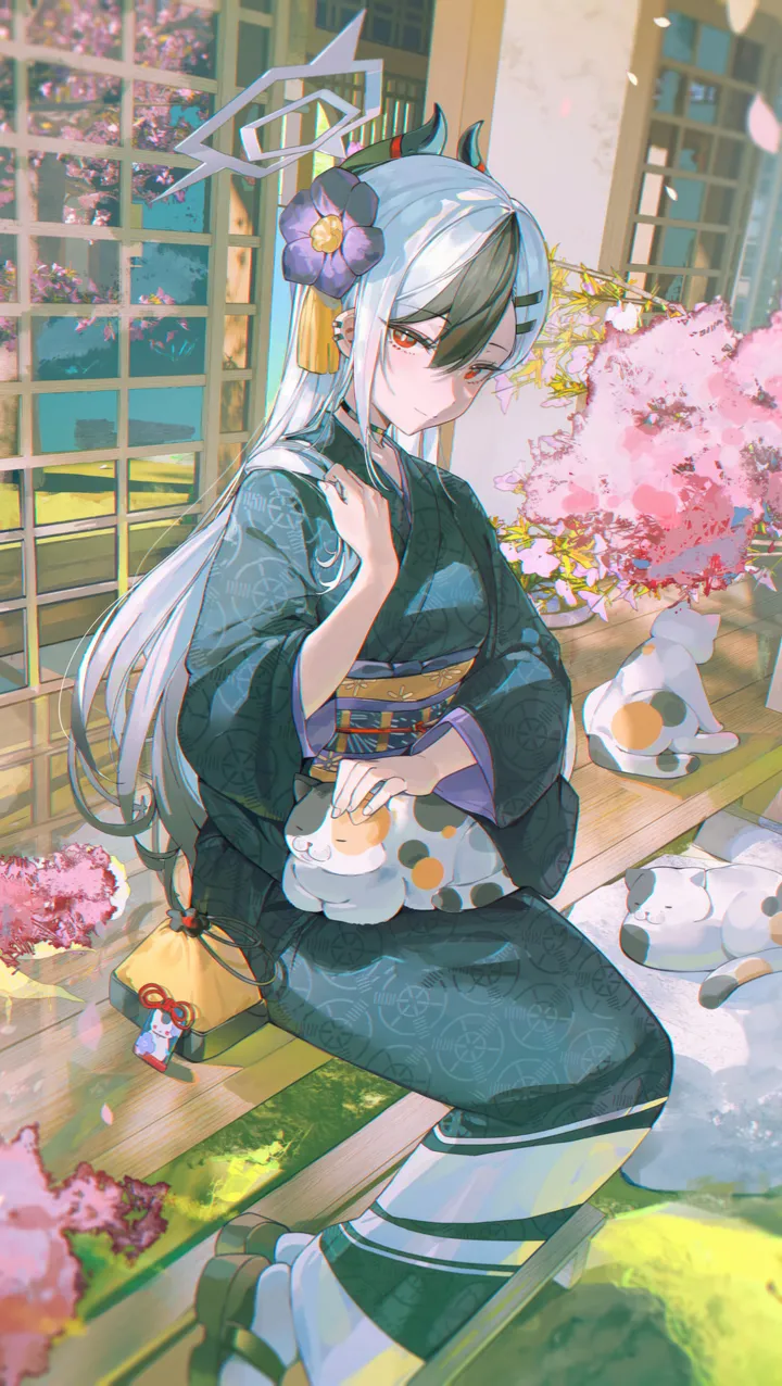 1girl,east_asian_architecture,full_body,sandals,bangs,bag,solo,two-tone_hair,kimono,obi,closed_mouth,on_lap,sitting,multicolored_hair,halo,hair_flower,hair_ornament,wide_sleeves,hair_between_eyes,architecture,outdoors,petting,zouri,japanese_clothes,sash,tabi,cherry_blossoms,cat,white_hair,white_cat,white_socks,looking_at_viewer,piercing,ear_piercing,vertical,smile,red_eyes,green_kimono,blush,animal_on_lap,petals,falling_petals,blue_kimono,socks,horns,pouch,long_hair,long_sleeves,choker,flower,black_kimono,black_hair,black_footwear,black_choker