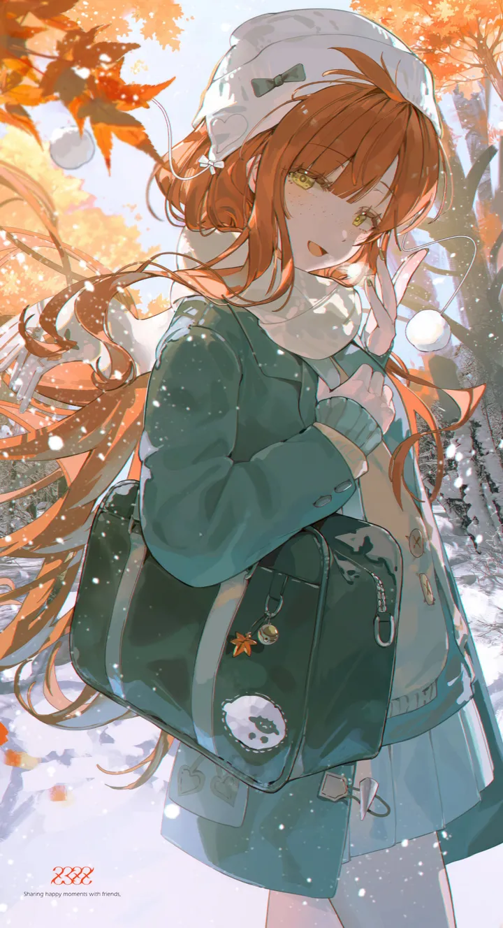1girl,cowboy_shot,winter,winter_clothes,bangs,bag,solo,leaf,scarf,coat,jacket,pom_pom_clothes,hat,open_mouth,very_long_hair,outdoors,hand_up,tree,school_uniform,orange_hair,day,white_scarf,white_headwear,pleated_skirt,looking_at_viewer,skirt,autumn,autumn_leaves,vertical,smile,green_eyes,bag_charm,blush,blue_skirt,open_clothes,charm_object,long_hair,long_sleeves,freckles,snow