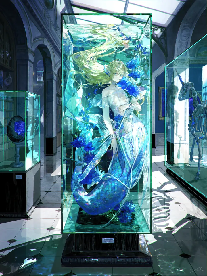 1girl,breasts,cleavage,monster_girl,bangs,solo,indoors,very_long_hair,holding,water,tiles,tile_floor,looking_at_viewer,window,vertical,mermaid,blue_eyes,blue_flower,dress,blonde_hair,long_hair,shadow,bare_shoulders,floating_hair,flower,scales