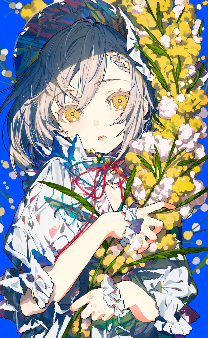 1girl,braid,ribbon,upper_body,bangs,solo,hat,open_mouth,parted_lips,holding,simple_background,grey_hair,white_flower,white_shirt,looking_at_viewer,short_hair,short_sleeves,vertical,wrist_cuffs,red_ribbon,frills,blue_background,puffy_sleeves,shirt,braided_bangs,dress,neck_ribbon,flower,yellow_eyes,yellow_flower