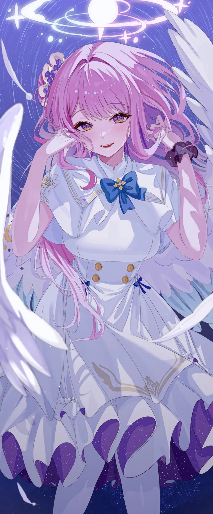 1girl,breasts,bangs,solo,wrist_scrunchie,hair_bun,halo,angel_wings,single_side_bun,hair_flower,hair_ornament,capelet,open_mouth,scrunchie,white_wings,white_dress,white_pantyhose,looking_at_viewer,vertical,smile,pink_hair,feathered_wings,wings,blush,low_wings,frills,frilled_dress,blue_background,blue_bow,bow,dress,pantyhose,long_hair,bowtie,flower,yellow_eyes,black_scrunchie