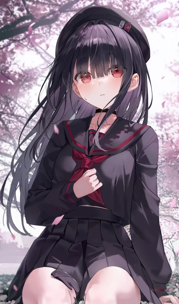 1girl,neckerchief,breasts,bangs,solo,closed_mouth,sitting,hat,parted_lips,outdoors,tree,school_uniform,cherry_blossoms,serafuku,sailor_collar,pleated_skirt,looking_at_viewer,skirt,vertical,red_neckerchief,red_eyes,blush,petals,shirt,beret,collarbone,long_hair,long_sleeves,choker,flower,black_hair,black_headwear,black_serafuku,black_sailor_collar,black_skirt,black_shirt,black_choker