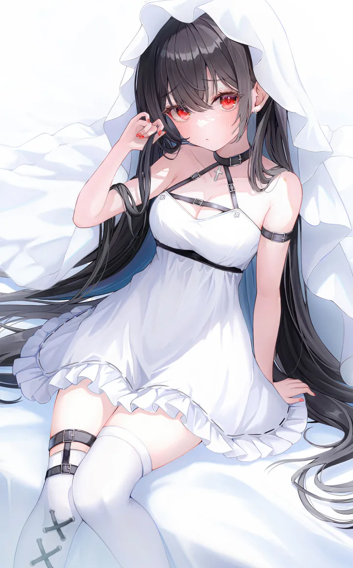 1girl,medium_breasts,breasts,cleavage,bangs,solo,feet_out_of_frame,closed_mouth,sitting,thigh_strap,hair_between_eyes,very_long_hair,arm_support,arm_strap,hand_up,nail_polish,sleeveless,sleeveless_dress,white_background,white_thighhighs,white_dress,looking_at_viewer,vertical,red_nails,red_eyes,chest_harness,blush,frills,frilled_dress,harness,thighhighs,dress,collarbone,long_hair,bare_shoulders,veil,choker,black_hair,black_choker