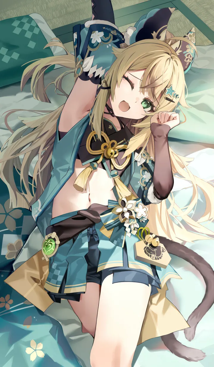 1girl,detached_sleeves,arm_up,on_back,animal_ears,bangs,solo,hair_ornament,shorts_under_skirt,stomach,tail,open_mouth,yawning,hand_up,sleeveless_shirt,tassel,cat_tail,cat_ears,pleated_skirt,looking_at_viewer,skirt,shorts,vertical,green_eyes,navel,armpits,blue_skirt,fang,shirt,lying,bike_shorts,miniskirt,blonde_hair,long_hair,long_sleeves,one_eye_closed,midriff,crop_top