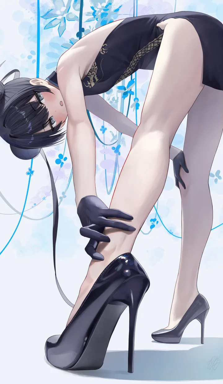 1girl,double_bun,chinese_clothes,breasts,side_slit,full_body,bangs,solo,legs,hair_bun,bun_cover,thighs,open_mouth,bent_over,gloves,china_dress,pelvic_curtain,sleeveless,sleeveless_dress,grey_eyes,looking_at_viewer,vertical,standing,blush,floral_background,bare_legs,bare_arms,small_breasts,dress,bare_shoulders,high_heels,black_hair,black_gloves,black_dress,black_footwear