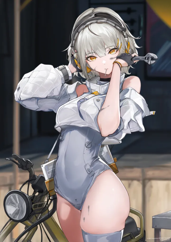 1girl,cowboy_shot,medium_breasts,breasts,bangs,solo,thighs,headphones,jacket,gloves,wrench,holding,blurry,blurry_background,orange_eyes,grey_hair,mouth_hold,looking_at_viewer,short_hair,vertical,leotard,skindentation,thighhighs,covered_navel,bare_shoulders,yellow_eyes,black_gloves