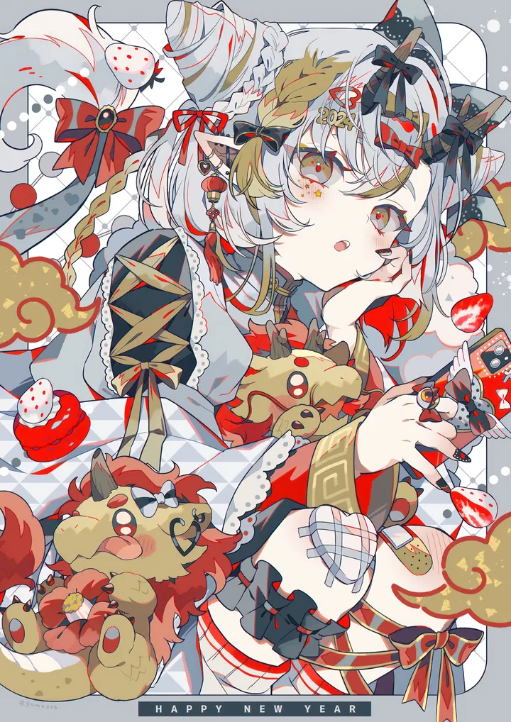 1girl,double_bun,braid,ribbon,bangs,bandaid,solo,hair_bun,multicolored_hair,hair_ornament,pointy_ears,tail,open_mouth,phone,holding,fruit,grey_hair,grey_eyes,cone_hair_bun,jewelry,white_hair,looking_at_viewer,piercing,ear_piercing,vertical,red_nails,bandaid_on_leg,strawberry,bow,hair_bow,horns,long_sleeves,food