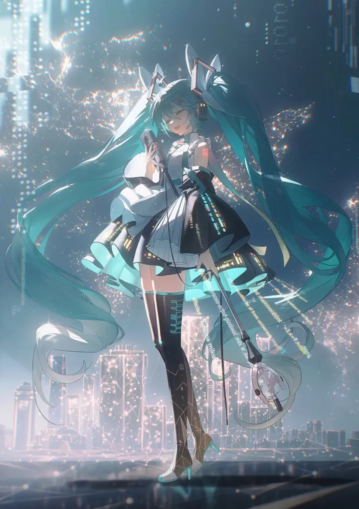 1girl,detached_sleeves,full_body,bangs,solo,closed_eyes,twintails,hairclip,city,city_lights,cityscape,night,night_sky,sky,hair_ornament,headphones,headset,wide_sleeves,building,open_mouth,very_long_hair,outdoors,holding,holding_microphone,skyscraper,sleeveless,aqua_hair,pleated_skirt,pleated_dress,skirt,vertical,standing,smile,zettai_ryouiki,frills,thighhighs,dress,backlighting,long_hair,boots,bare_shoulders,necktie,thigh_boots,high_heels,microphone,microphone_stand,black_skirt,black_sleeves,black_thighhighs,black_footwear