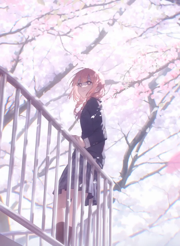 1girl,virtual_youtuber,braid,twin_braids,low_twin_braids,bangs,solo,kneehighs,feet_out_of_frame,closed_mouth,looking_back,jacket,outdoors,railing,tree,school_uniform,cherry_blossoms,grey_skirt,day,pleated_skirt,looking_at_viewer,glasses,skirt,vertical,standing,smile,pink_hair,socks,blazer,long_hair,long_sleeves,black_jacket,black_socks