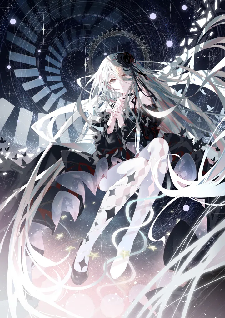 1girl,full_body,solo,own_hands_clasped,own_hands_together,sitting,hair_flower,hair_ornament,very_long_hair,grey_eyes,white_hair,looking_at_viewer,vertical,dress,long_hair,bare_shoulders,flower,black_rose,black_flower,black_dress,black_footwear