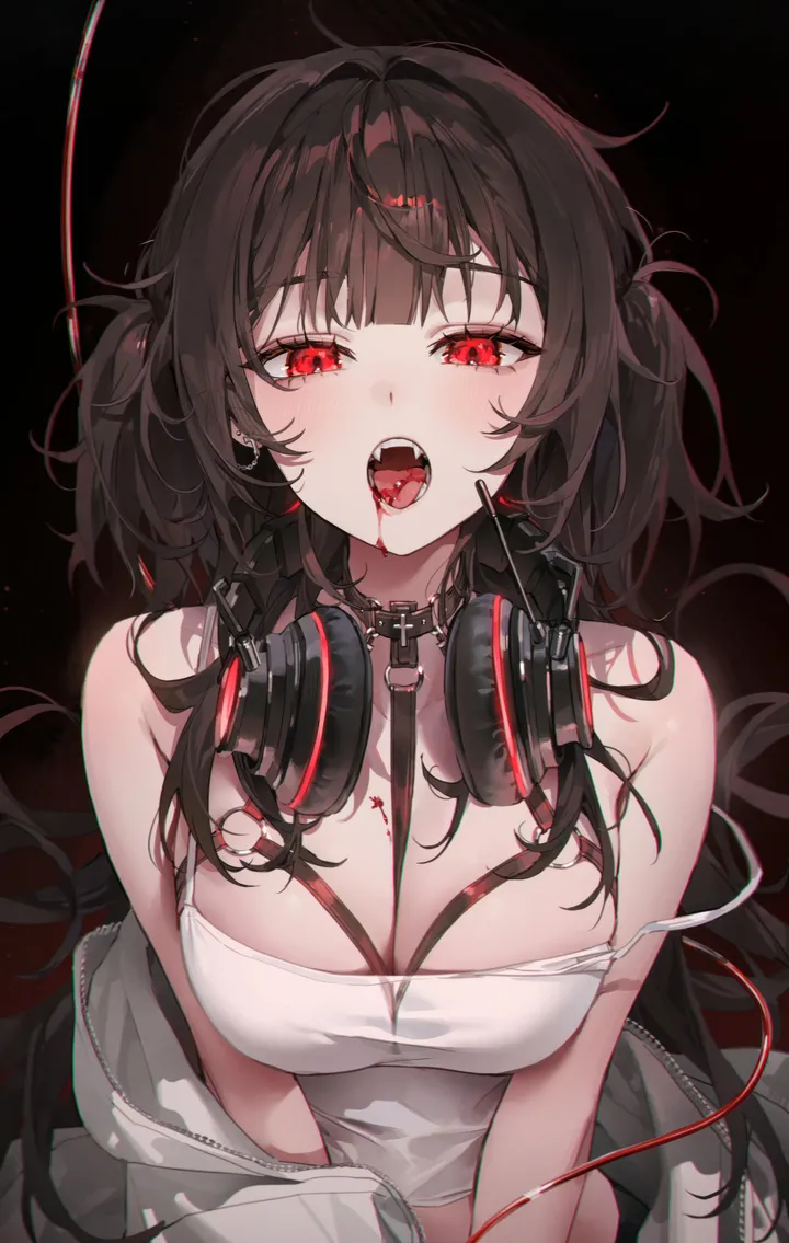 1girl,breasts,cleavage,upper_body,bangs,solo,fangs,headphones,jacket,between_breasts,camisole,two_side_up,open_mouth,very_long_hair,sleeveless,sleeveless_shirt,brown_hair,teeth,white_shirt,blunt_bangs,looking_at_viewer,vertical,red_eyes,headphones_around_neck,blush,tongue,blood,strap_slip,shirt,open_jacket,open_clothes,large_breasts,collarbone,long_hair,bare_shoulders,off_shoulder,choker,collar,black_hair,black_background