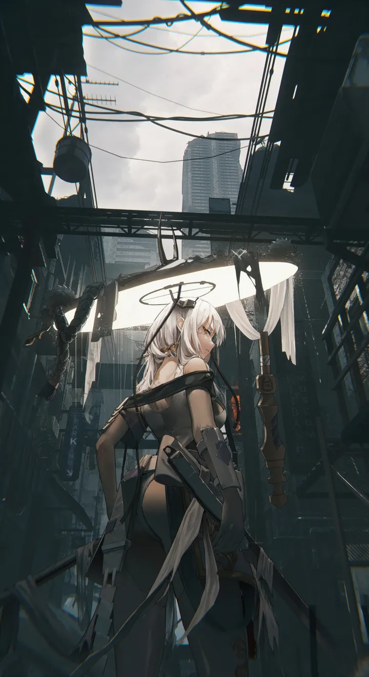 1girl,breasts,cloud,bangs,sword,solo,twintails,looking_back,halo,sky,ass,building,outdoors,gloves,holding,weapon,white_hair,looking_at_viewer,science_fiction,vertical,standing,from_behind,bodysuit,long_hair,elbow_gloves,bare_shoulders,black_gloves