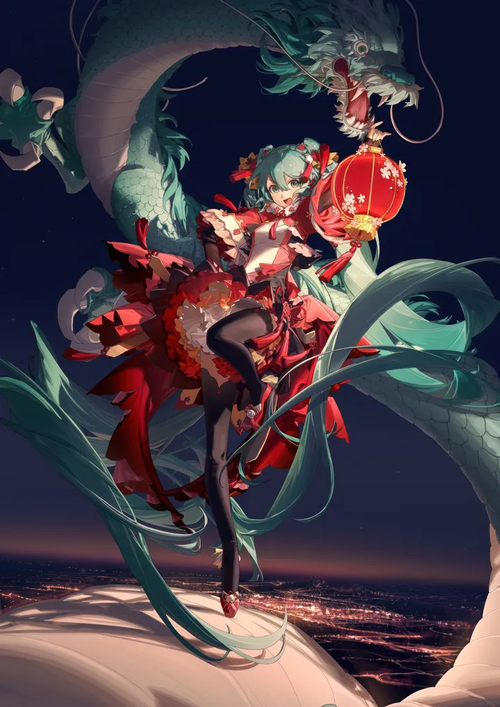1girl,double_bun,eastern_dragon,chinese_clothes,full_body,bangs,solo,standing_on_one_leg,twintails,hair_bun,night,night_sky,sky,hair_flower,hair_ornament,hair_between_eyes,open_mouth,very_long_hair,holding,paper_lantern,aqua_hair,aqua_eyes,tassel,lantern,teeth,looking_at_viewer,vertical,standing,smile,red_bow,red_dress,red_footwear,green_hair,green_eyes,frills,bow,absurdly_long_hair,thighhighs,dress,long_hair,high_heels,flower,black_thighhighs,dragon