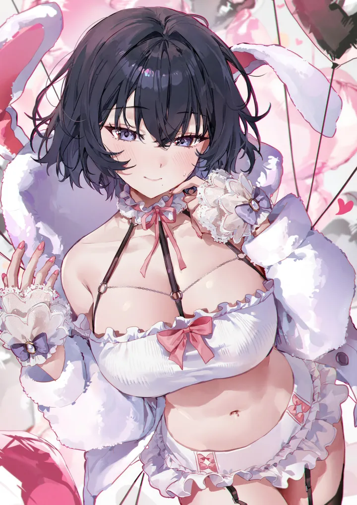 1girl,cowboy_shot,ribbon,breasts,cleavage,rabbit_ears,hood,animal_ears,underwear,bangs,solo,hands_up,garter_straps,closed_mouth,thighs,jacket,stomach,heart_balloon,nail_polish,fur_trim,balloon,mole,white_jacket,white_skirt,white_shirt,looking_at_viewer,short_hair,skirt,revealing_clothes,vertical,smile,halterneck,mole_under_mouth,navel,blush,frills,frilled_choker,blue_eyes,bow,shirt,open_jacket,open_clothes,large_breasts,thighhighs,miniskirt,collarbone,long_sleeves,midriff,bare_shoulders,off_shoulder,crop_top,choker,black_hair,black_thighhighs