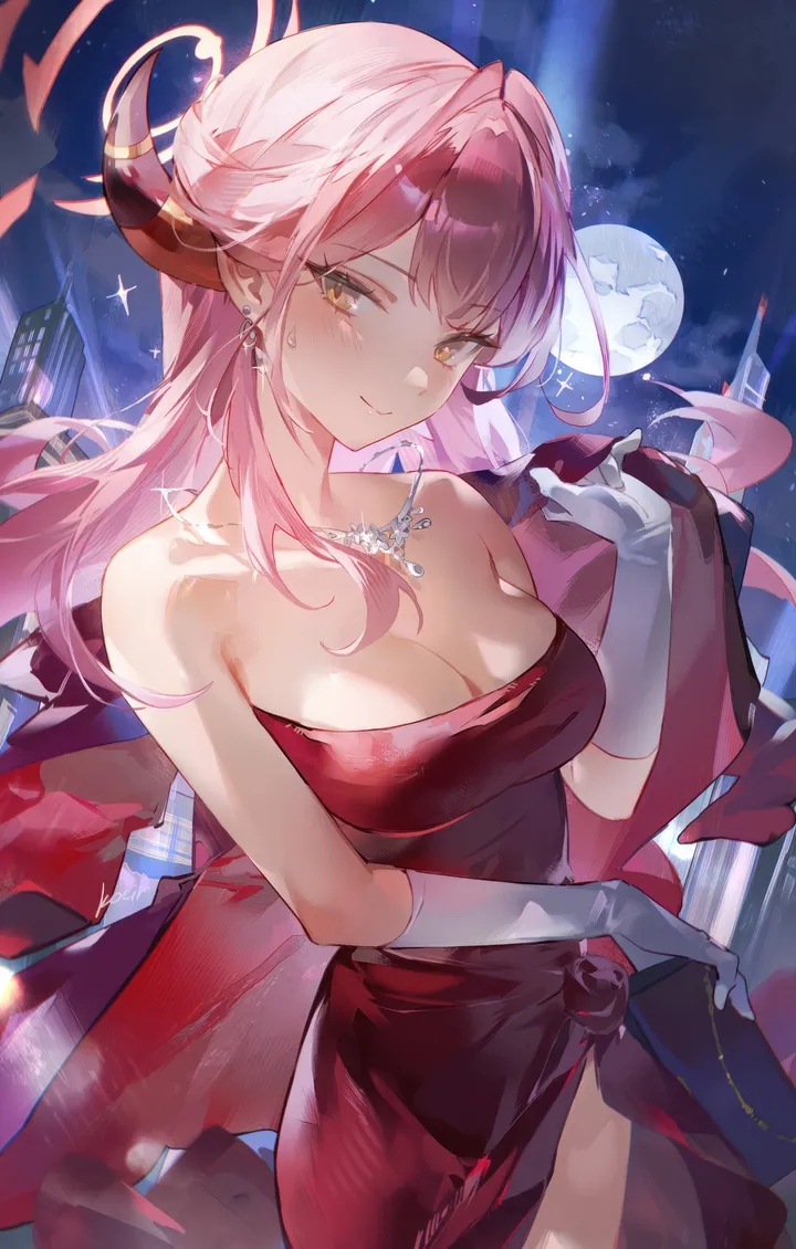 1girl,cowboy_shot,breasts,cleavage,bangs,solo,closed_mouth,night,night_sky,halo,sky,gloves,strapless,strapless_dress,moon,sweatdrop,full_moon,jewelry,white_gloves,looking_at_viewer,vertical,standing,smile,pink_hair,red_dress,earrings,blush,horns,large_breasts,dress,long_hair,bare_shoulders,necklace,yellow_eyes