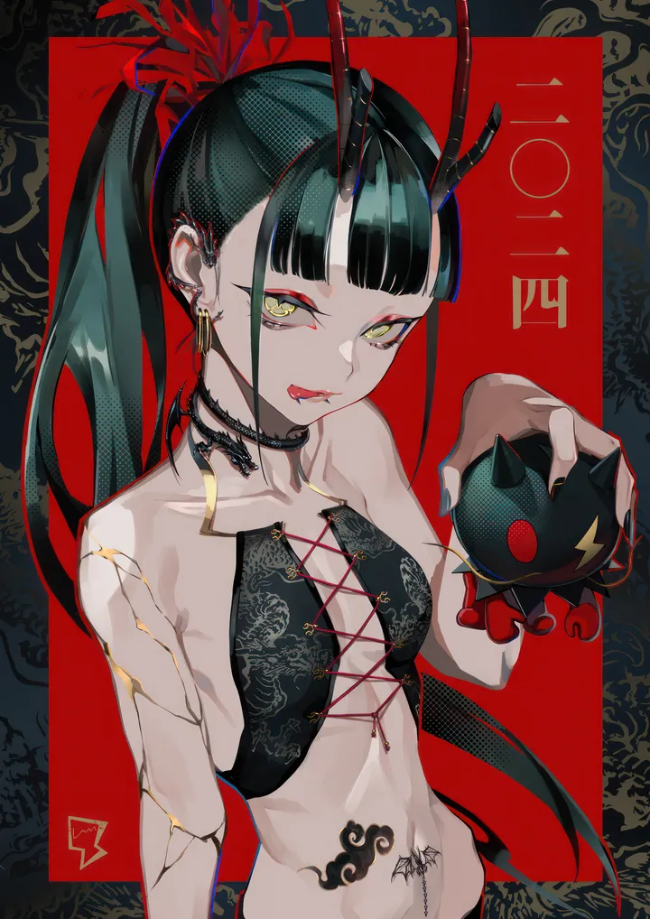 1girl,breasts,upper_body,bangs,solo,tongue_out,makeup,holding,fingernails,jewelry,blunt_bangs,looking_at_viewer,eyeshadow,piercing,vertical,red_background,tattoo,earrings,navel,tongue,horns,small_breasts,collarbone,long_hair,bare_shoulders,choker,ponytail,yellow_eyes,black_hair