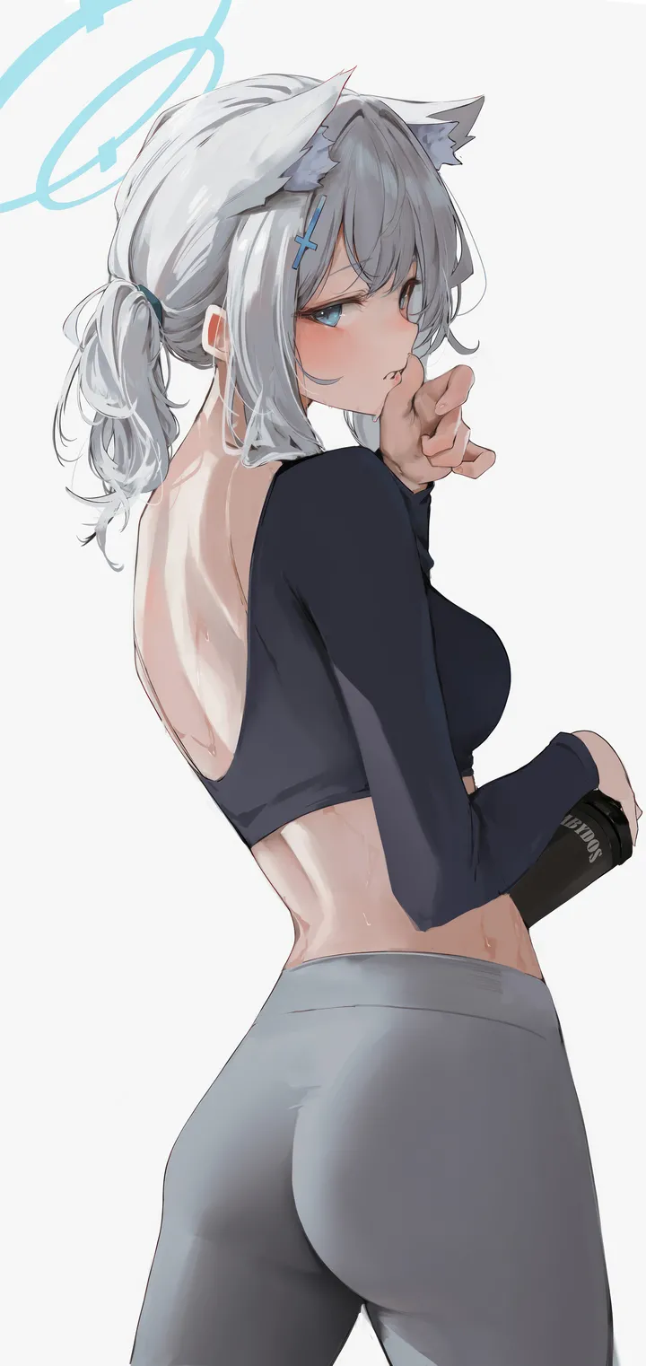 1girl,cowboy_shot,medium_breasts,medium_hair,breasts,median_furrow,animal_ears,bangs,cross_hair_ornament,solo,back,looking_back,halo,hair_ornament,sidelocks,ass,parted_lips,hand_up,holding,simple_background,sweat,grey_hair,grey_pants,bottle,white_background,looking_at_viewer,vertical,animal_ear_fluff,from_behind,blush,blue_eyes,pants,extra_ears,long_sleeves,crop_top,ponytail,black_shirt