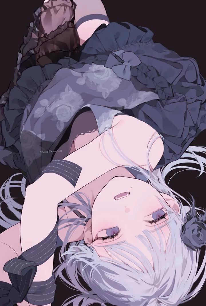 1girl,ribbon,on_back,upside-down,underwear,bangs,see-through,solo,thigh_strap,hair_flower,hair_ornament,open_mouth,simple_background,grey_hair,rose,mole,vertical,mole_under_mouth,floral_print,frills,frilled_dress,blue_eyes,bow,lying,dress,long_hair,bare_shoulders,flower,black_background,black_flower,black_dress