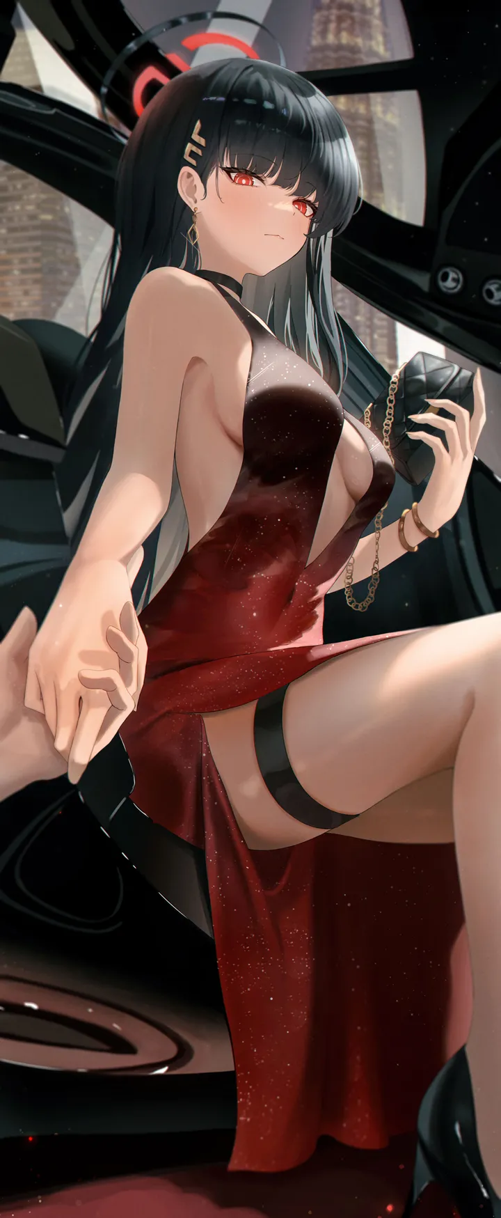 1girl,medium_breasts,breasts,cleavage,sideboob,bangs,bag,cocktail_dress,solo_focus,hairclip,ahoge,closed_mouth,sitting,thighs,thigh_strap,halo,hair_ornament,very_long_hair,handbag,bracelet,holding,sleeveless,sleeveless_dress,evening_gown,holding_hands,jewelry,looking_at_viewer,alternate_costume,vertical,pov,red_eyes,red_dress,earrings,blush,bare_arms,large_breasts,dress,out_of_frame,long_hair,covered_navel,bare_shoulders,halter_dress,choker,high_heels,black_hair,black_footwear,black_choker