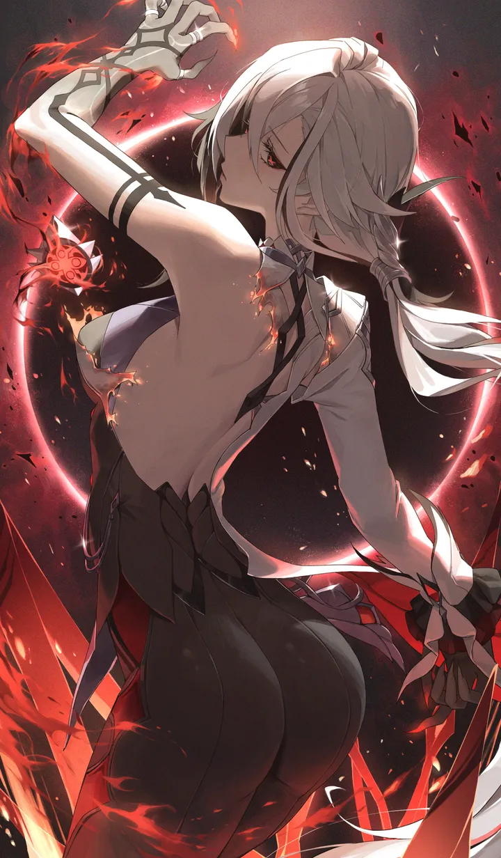 1girl,cowboy_shot,braid,medium_breasts,arm_up,breasts,bangs,solo,back,looking_back,pointy_ears,ass,gloves,fire,white_hair,white_gloves,looking_at_viewer,vertical,red_eyes,from_behind,bodysuit,long_hair,elbow_gloves,bare_shoulders,backless_outfit