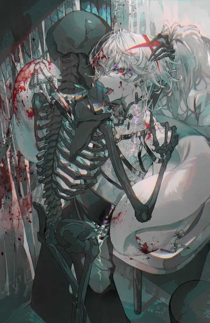 1boy,1other,tongue_out,open_mouth,bathtub,jewelry,male_focus,white_hair,looking_at_viewer,vertical,red_eyes,ribs,spine,blood_on_face,tongue,blood,blood_on_clothes,ponytail,skeleton