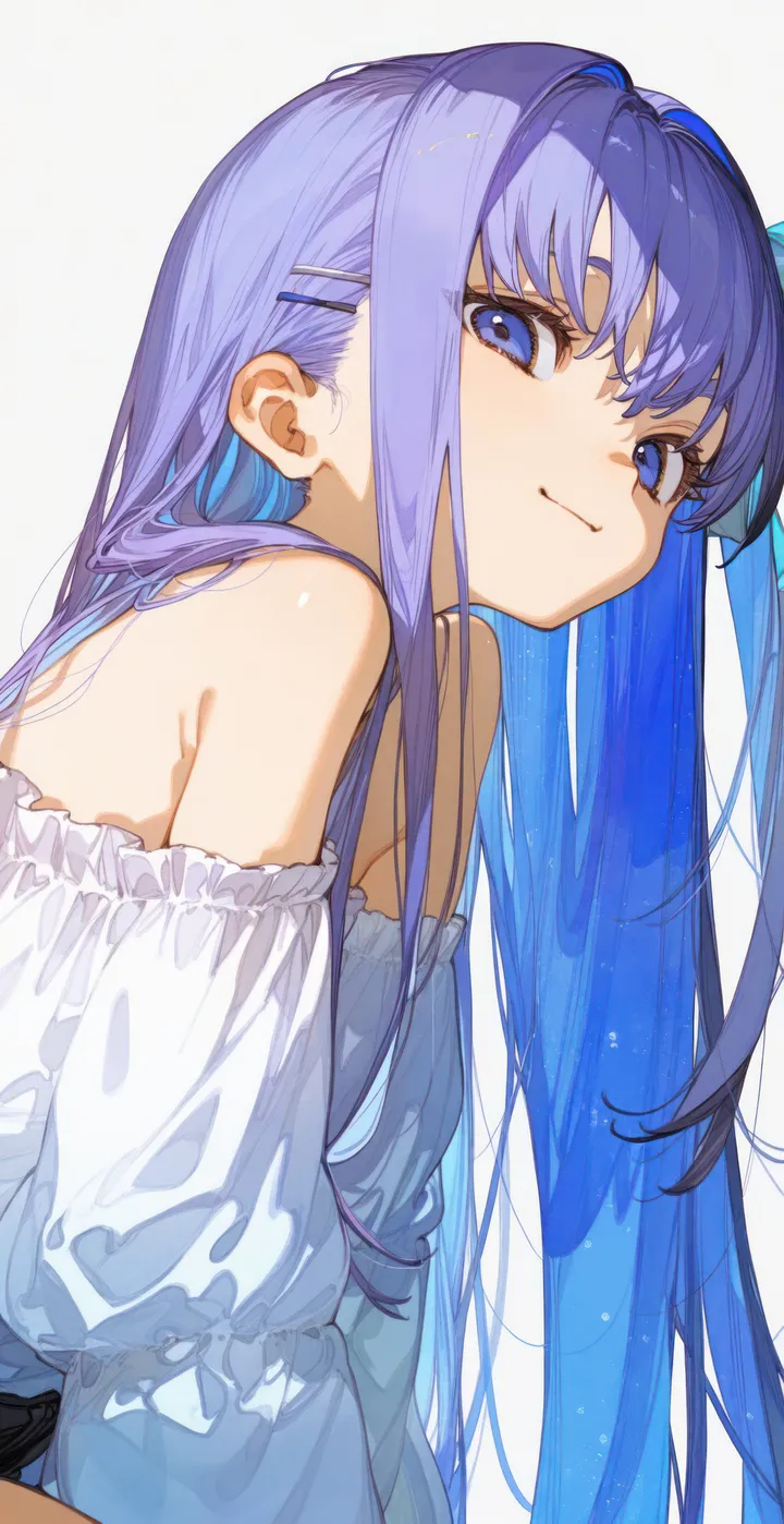 1girl,ribbon,breasts,bangs,solo,hairclip,closed_mouth,hair_ribbon,hair_ornament,very_long_hair,simple_background,white_background,looking_at_viewer,vertical,smile,purple_hair,frills,blue_ribbon,blue_eyes,puffy_sleeves,small_breasts,long_hair,long_sleeves,bare_shoulders,off_shoulder