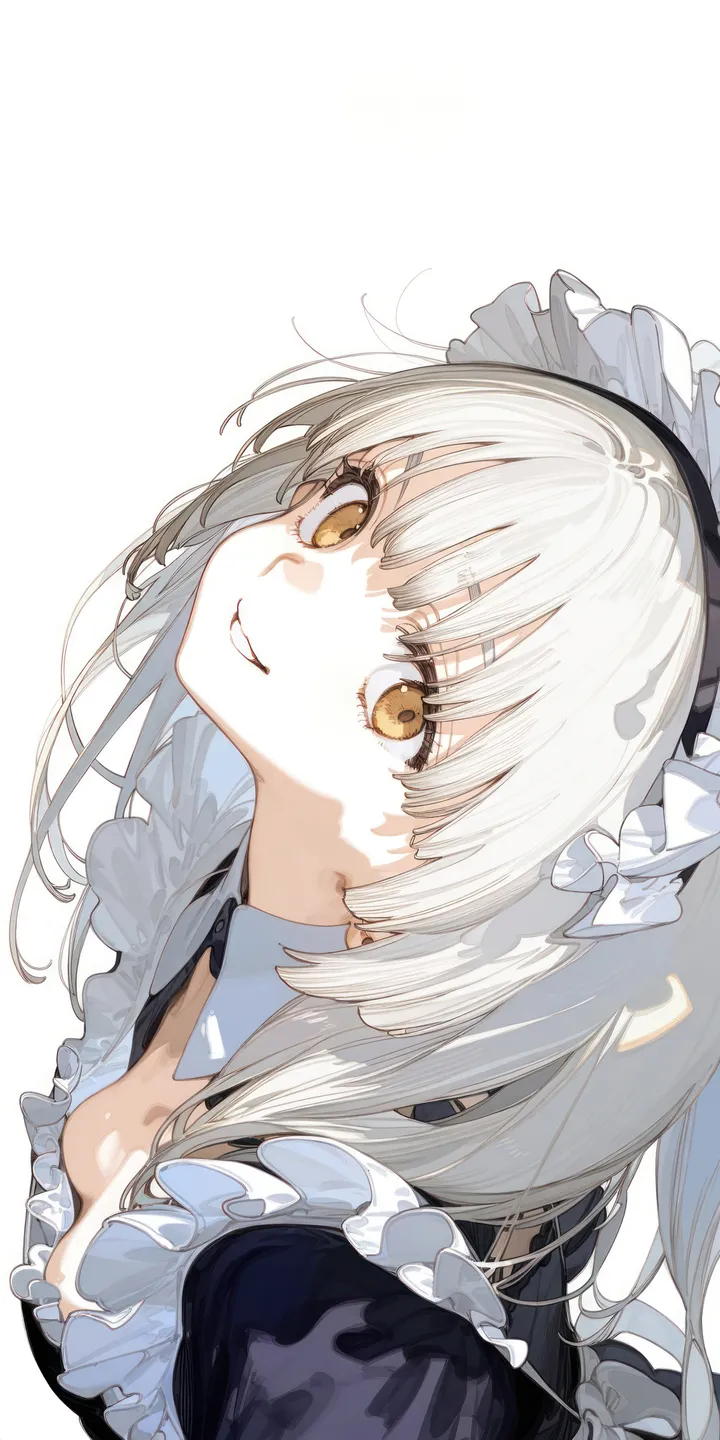 1girl,breasts,upper_body,looking_up,from_above,bangs,solo,maid,maid_headdress,parted_lips,simple_background,white_hair,white_background,looking_at_viewer,vertical,smile,frills,puffy_sleeves,dress,long_hair,detached_collar,yellow_eyes,black_dress