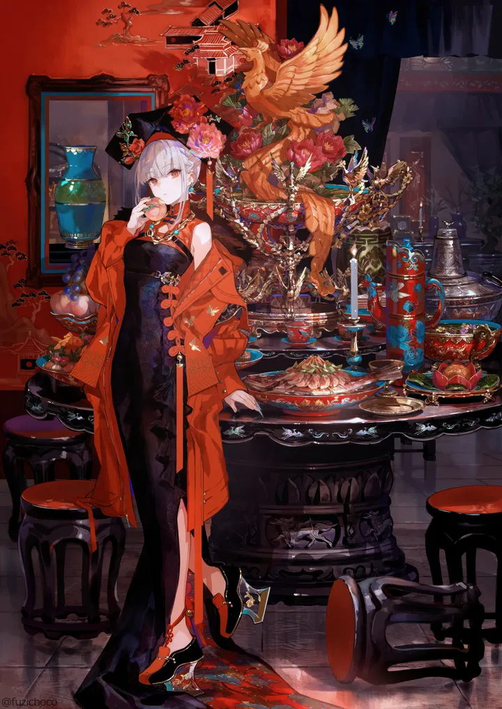 1girl,breasts,stool,bangs,solo,coat,indoors,hat,nail_polish,sleeveless,table,jewelry,white_hair,plate,looking_at_viewer,vertical,standing,red_eyes,red_flower,earrings,bug,butterfly,dress,drinking_glass,long_dress,bare_shoulders,off_shoulder,necklace,food,high_heels,flower,bird,black_headwear,black_dress