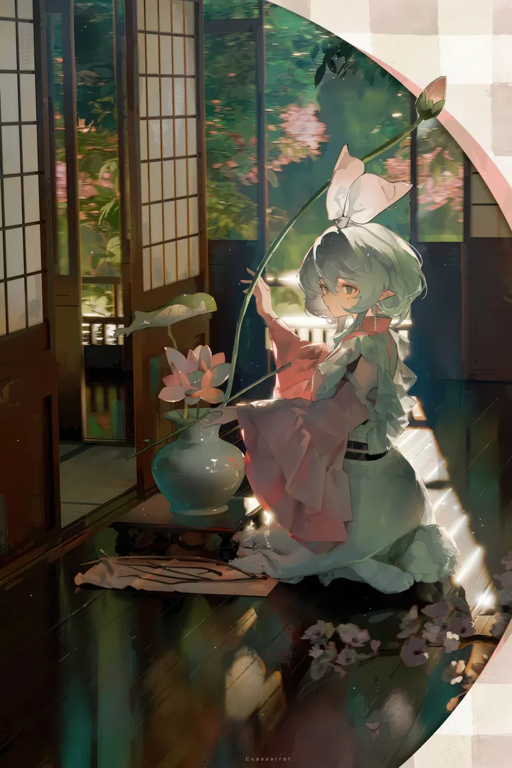 1girl,bangs,solo,reflection,kimono,closed_mouth,sitting,pointy_ears,indoors,wide_sleeves,hair_between_eyes,holding,japanese_clothes,wooden_floor,seiza,pond,sliding_doors,white_hair,looking_at_viewer,short_hair,vertical,pink_flower,vase,long_sleeves,flower