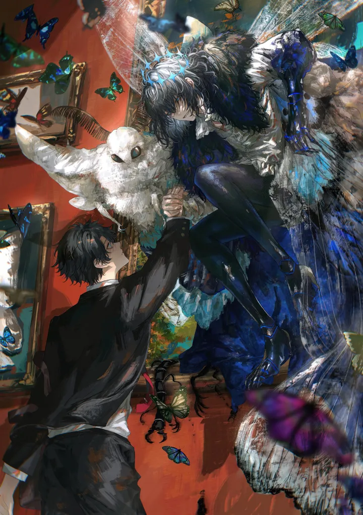 2boys,medium_hair,bangs,animal,multiple_boys,jacket,official_alternate_costume,cape,cloak,insect_wings,collared_shirt,formal,fur_trim,fur-trimmed_cape,male_focus,white_shirt,crown,picture_frame,looking_at_another,short_hair,vertical,wings,blue_eyes,blue_butterfly,bug,butterfly,butterfly_wings,shirt,pants,suit,long_sleeves,necktie,black_hair,black_jacket,black_pants