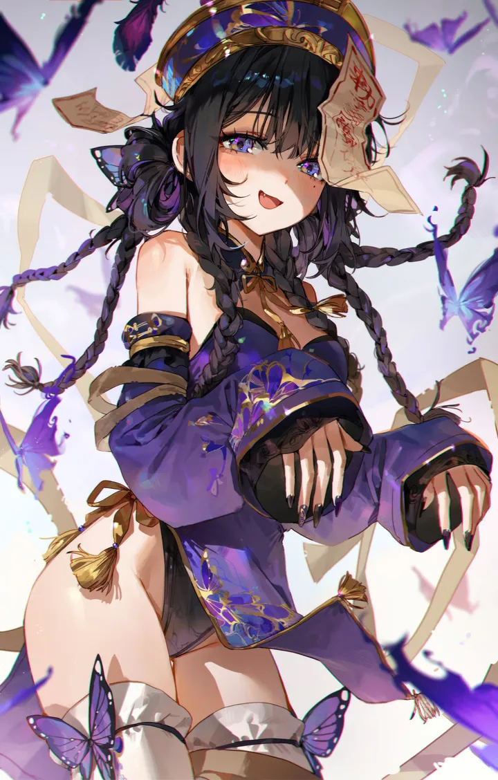 1girl,cowboy_shot,braid,detached_sleeves,twin_braids,chinese_clothes,breasts,outstretched_arms,jiangshi,bangs,solo,thighs,wide_sleeves,hat,open_mouth,fingernails,nail_polish,pelvic_curtain,mole_under_eye,qing_guanmao,mole,white_thighhighs,looking_at_viewer,ofuda,vertical,smile,leotard,purple_eyes,purple_dress,groin,blush,fang,skin_fang,bug,butterfly,sleeves_past_fingers,sleeves_past_wrists,thighhighs,dress,long_hair,long_sleeves,bare_shoulders,hair_rings,highleg,black_hair,black_nails,black_leotard