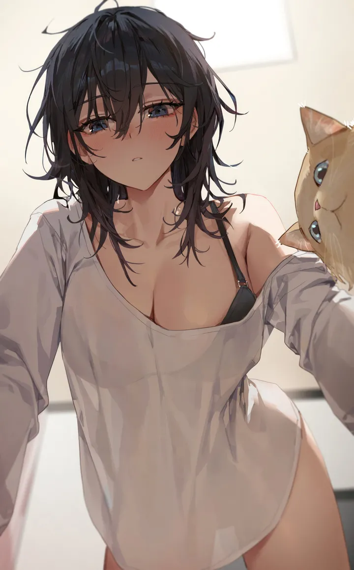 1girl,cowboy_shot,breasts,cleavage,underwear,messy_hair,bangs,animal,see-through,solo,single_bare_shoulder,all_fours,thighs,hair_between_eyes,parted_lips,cat,white_shirt,looking_at_viewer,vertical,bra,blush,blue_eyes,shirt,large_breasts,collarbone,long_hair,long_sleeves,see-through_silhouette,bare_shoulders,off_shoulder,black_hair,black_bra