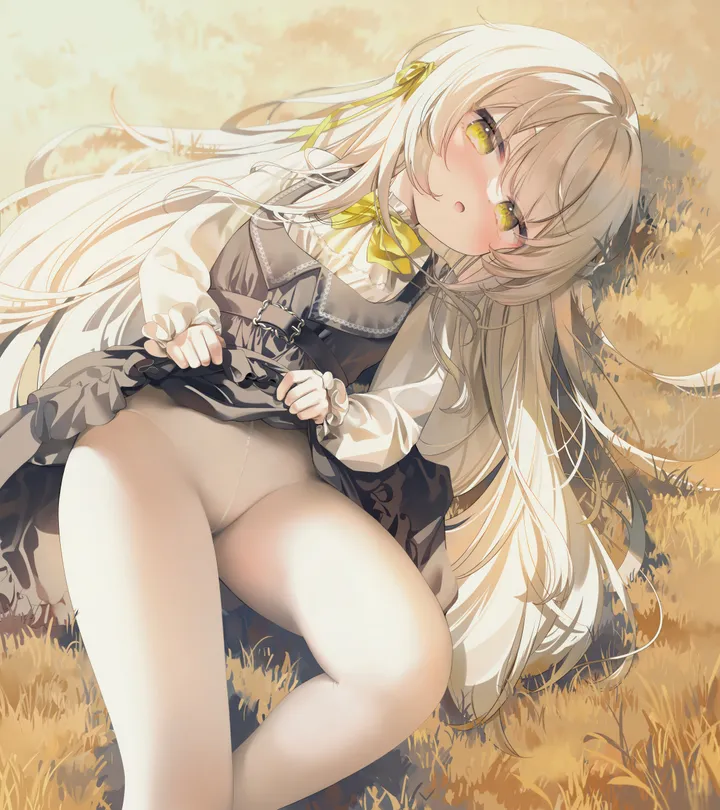 1girl,ribbon,on_back,underwear,bangs,solo,on_ground,on_grass,hair_ribbon,open_mouth,very_long_hair,outdoors,lifted_by_self,dress_lift,clothes_lift,white_hair,white_shirt,white_pantyhose,looking_at_viewer,vertical,blush,frills,frilled_dress,grass,puffy_sleeves,puffy_long_sleeves,bow,shirt,lying,dress,pantyhose,long_hair,long_sleeves,yellow_ribbon,yellow_eyes,black_dress