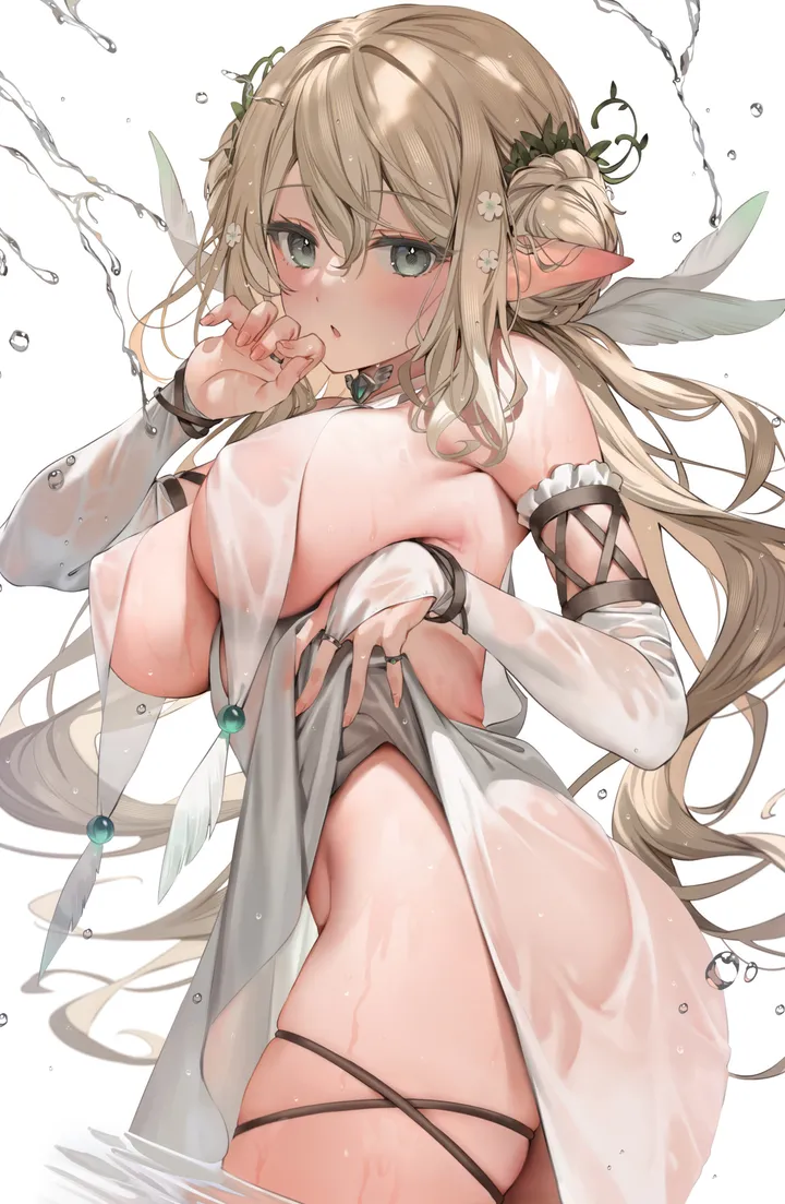 1girl,double_bun,cowboy_shot,braid,detached_sleeves,breast_curtains,breasts,sideboob,from_side,bangs,see-through,solo,hair_bun,thighs,thigh_strap,hair_flower,hair_ornament,sidelocks,pointy_ears,bridal_gauntlets,ass,hair_between_eyes,very_long_hair,parted_lips,hand_up,lifted_by_self,dress_lift,clothes_lift,pelvic_curtain,simple_background,water,water_drop,no_bra,wading,wet_dress,grey_eyes,jewelry,white_background,white_dress,looking_at_viewer,revealing_clothes,vertical,standing,elf,green_eyes,blush,skindentation,wet_clothes,wet,large_breasts,dress,blonde_hair,long_hair,covered_nipples,bare_shoulders,flower