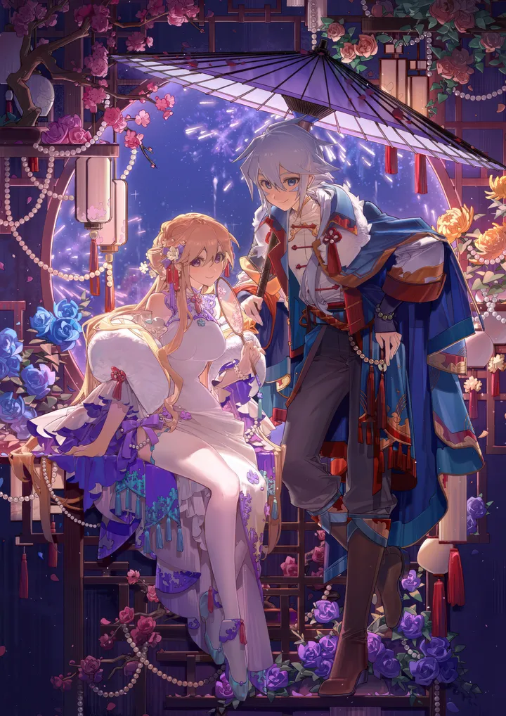 1girl,1boy,chinese_clothes,breasts,sitting,night,sky,hair_flower,hair_ornament,hair_between_eyes,holding,paper_lantern,holding_umbrella,china_dress,fur_trim,oil-paper_umbrella,tassel,lantern,fireworks,rose,beads,jewelry,white_dress,looking_at_viewer,short_hair,vertical,standing,smile,purple_eyes,blue_eyes,blue_flower,pants,thighhighs,dress,blonde_hair,long_hair,long_sleeves,boots,umbrella,bare_shoulders,high_heels,flower,black_pants