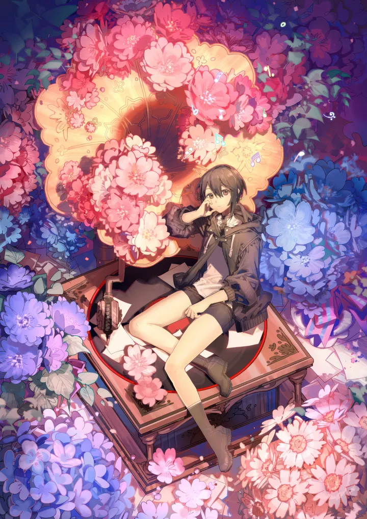 1girl,solo,sitting,jacket,hair_between_eyes,brown_hair,brown_eyes,brown_footwear,white_shirt,looking_at_viewer,short_hair,shorts,vertical,pink_flower,hydrangea,blue_flower,shirt,open_jacket,open_clothes,boots,flower,black_jacket,black_shorts