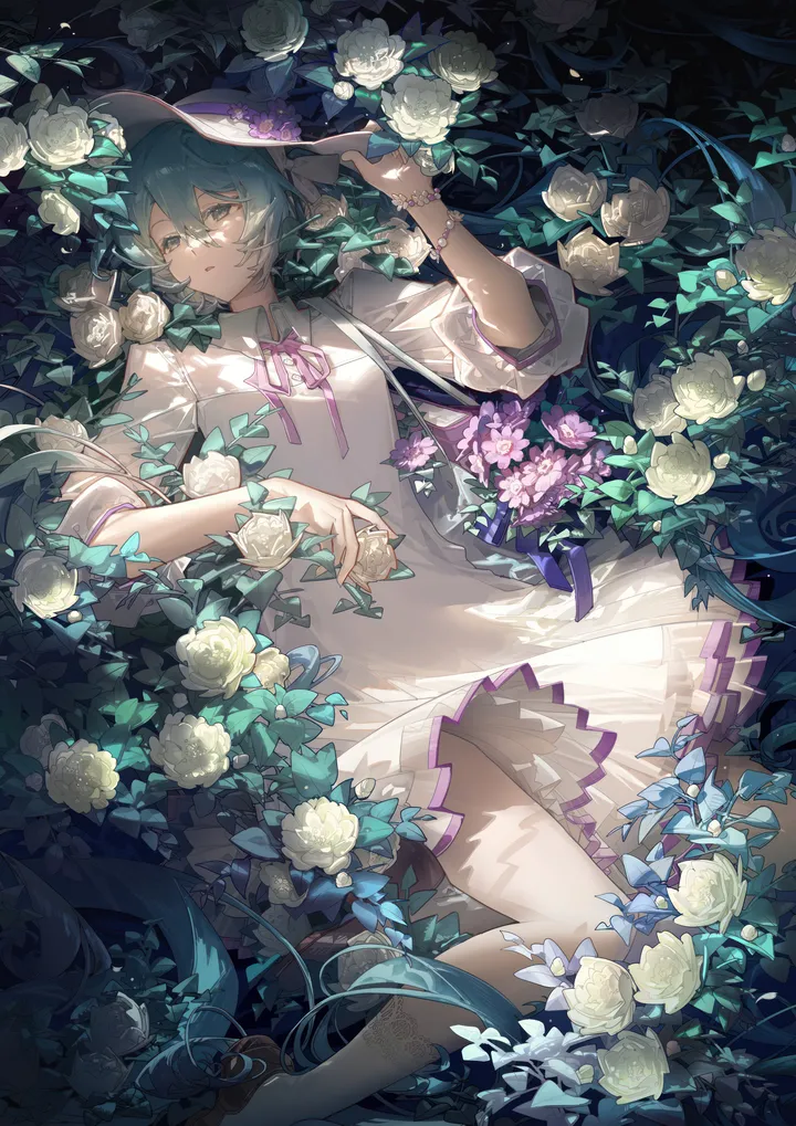 1girl,ribbon,on_back,bangs,solo,twintails,leaf,hat,hair_between_eyes,very_long_hair,parted_lips,bracelet,collared_dress,plant,aqua_hair,aqua_eyes,rose,jewelry,white_rose,white_flower,white_socks,white_dress,vertical,purple_ribbon,blue_hair,socks,lying,dress,long_hair,neck_ribbon,flower