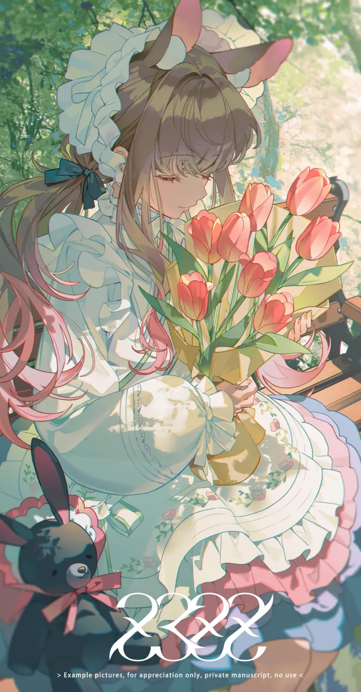 1girl,rabbit_ears,animal_ears,bangs,solo,closed_eyes,closed_mouth,apron,sitting,multicolored_hair,sidelocks,outdoors,holding,brown_hair,stuffed_bunny,stuffed_animal,stuffed_toy,gradient_hair,vertical,smile,pink_hair,pink_flower,red_flower,animal_ear_fluff,floral_print,bouquet,frills,frilled_dress,puffy_sleeves,bow,hair_bow,dress,tulip,bench,long_hair,long_sleeves,flower