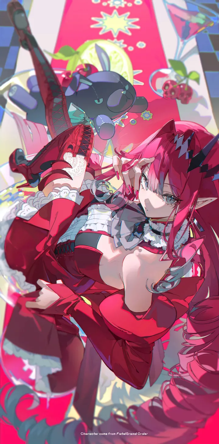 1girl,detached_sleeves,breasts,cleavage,bangs,solo,thighs,sidelocks,pointy_ears,stuffed_animal,stuffed_toy,teddy_bear,grey_eyes,jewelry,tiara,looking_at_viewer,vertical,pink_hair,red_nails,red_dress,red_footwear,earrings,center_frills,frills,large_breasts,thighhighs,dress,long_hair,boots,bare_shoulders,detached_collar,thigh_boots,high_heels