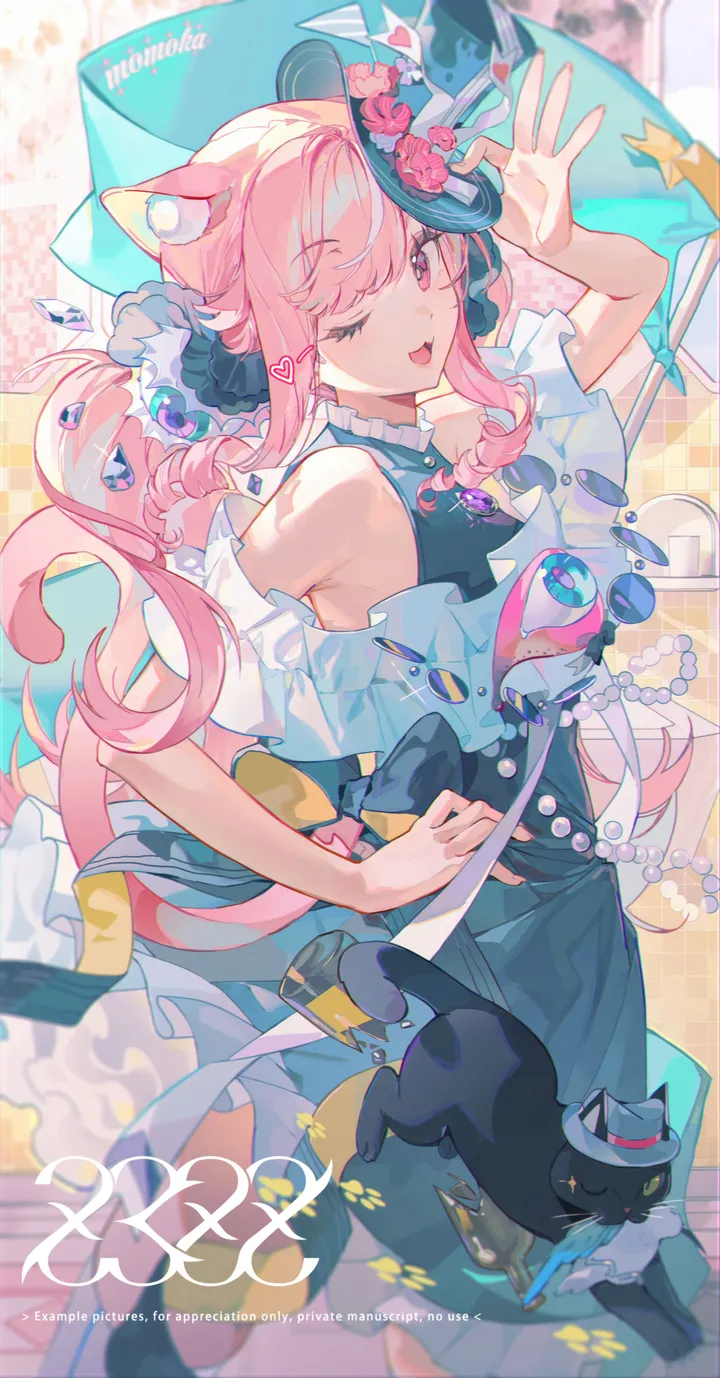 1girl,1other,animal_ears,bangs,solo,hand_on_hip,hair_ornament,gem,tail,hat,open_mouth,cat,cat_girl,cat_tail,cat_ears,looking_at_viewer,vertical,smile,pink_hair,pink_eyes,animal_ear_fluff,tongue,frills,blue_dress,dress,long_hair,one_eye_closed,bare_shoulders,top_hat,flower