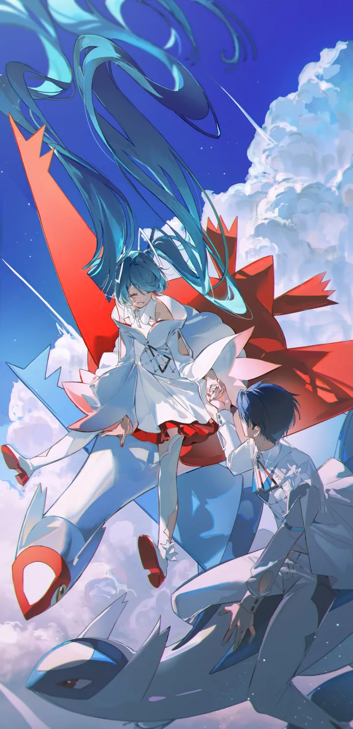 1girl,1boy,ribbon,cloud,bangs,closed_eyes,twintails,closed_mouth,sitting,cloudy_sky,sky,jacket,pokemon_creature,very_long_hair,outdoors,formal,aqua_hair,holding_hands,day,white_jacket,white_dress,vertical,smile,red_footwear,blue_sky,blue_hair,shirt,pants,thighhighs,dress,long_hair,long_sleeves,bare_shoulders,shoes,floating_hair,flying