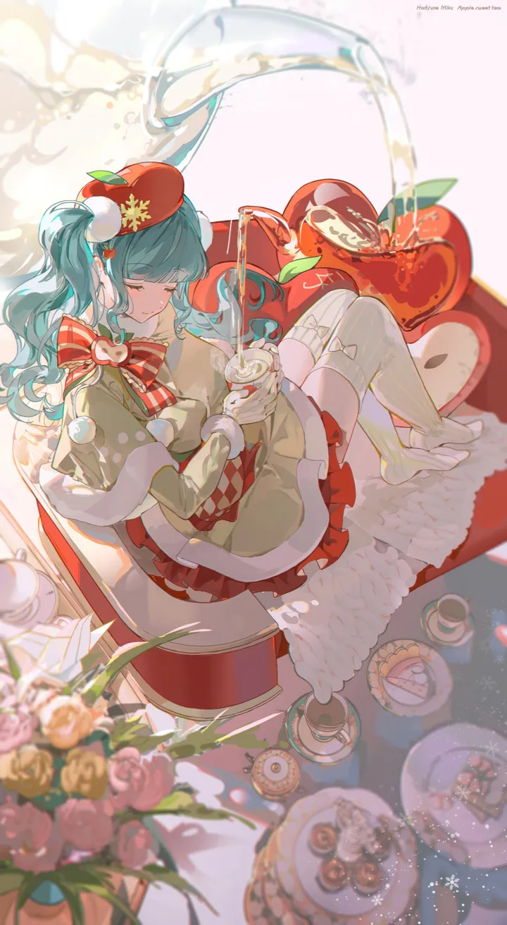 1girl,bangs,solo,closed_eyes,twintails,christmas,sitting,hair_ornament,capelet,pom_pom_clothes,hat,heart,gloves,holding_cup,holding,cookie,striped,cup,fur_trim,fur-trimmed_capelet,aqua_hair,no_shoes,wavy_hair,rose,skirt,vertical,red_headwear,red_bow,red_bowtie,teacup,saucer,cake,bow,beret,thighhighs,dress,long_hair,long_sleeves,bowtie,food,flower