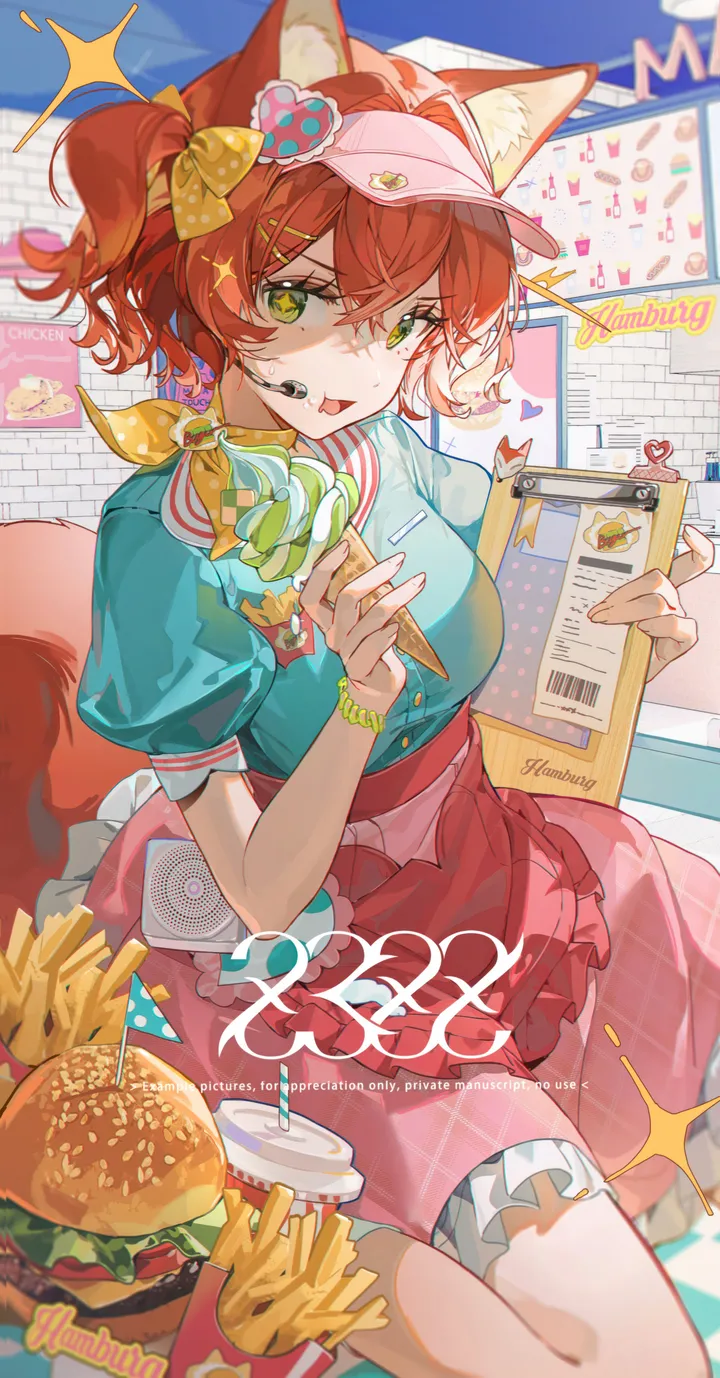 1girl,x_hair_ornament,breasts,crossed_bangs,side_ponytail,animal_ears,ice_cream,bangs,solo,drinking_straw,apron,sitting,hair_ornament,waist_apron,tail,hair_between_eyes,open_mouth,holding,holding_food,cup,burger,french_fries,fox_girl,fox_tail,fox_ears,looking_at_viewer,short_hair,short_sleeves,skirt,vertical,pink_headwear,pink_skirt,red_hair,red_skirt,green_eyes,animal_ear_fluff,frills,frilled_skirt,sparkle,blue_shirt,puffy_short_sleeves,puffy_sleeves,fang,bow,hair_bow,shirt,visor_cap,food,disposable_cup,yellow_bow