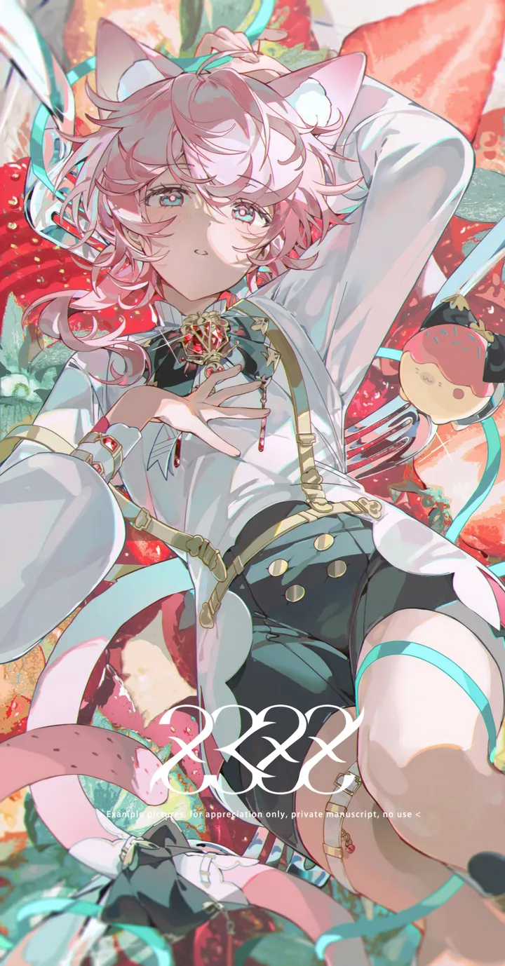 1boy,ribbon,on_back,animal_ears,bangs,solo,multicolored_eyes,thigh_strap,gem,tail,tail_ornament,parted_lips,androgynous,hand_on_own_chest,collared_shirt,fruit,cat_tail,cat_boy,cat_ears,male_focus,white_shirt,looking_at_viewer,short_hair,shorts,vertical,pink_hair,brooch,strawberry,blue_eyes,bow,shirt,lying,long_sleeves,food,fork,black_shorts