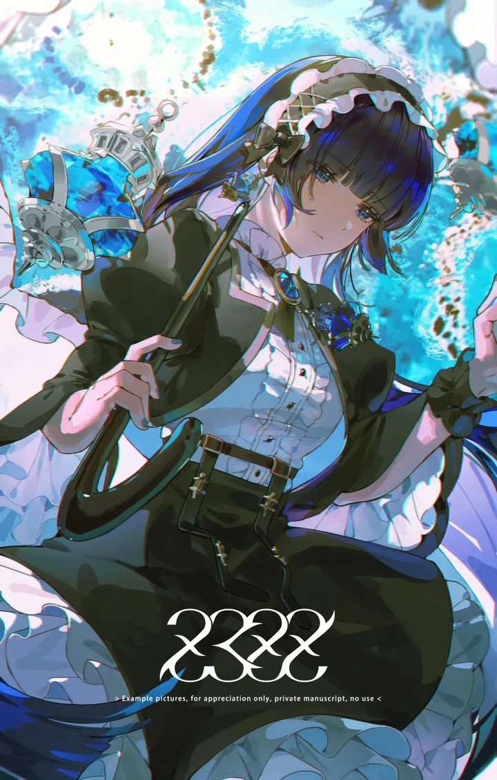 1girl,cowboy_shot,breasts,bangs,solo,hairband,closed_mouth,jacket,maid_headdress,gem,wide_sleeves,holding,nail_polish,juliet_sleeves,jewelry,white_shirt,belt,blunt_bangs,looking_at_viewer,skirt,vertical,brooch,frills,blue_hair,blue_gemstone,blue_nails,blue_eyes,puffy_sleeves,bow,shirt,dress,long_hair,long_sleeves,flower,black_hair,black_skirt