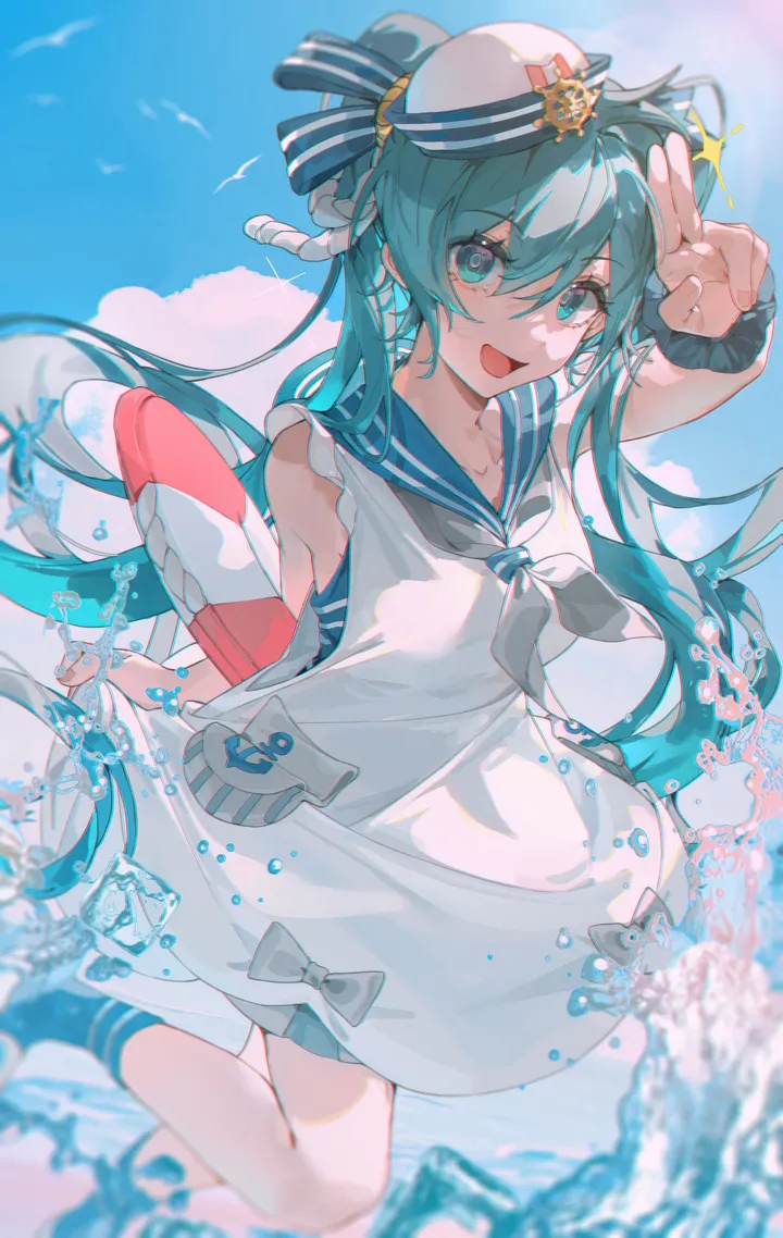 1girl,neckerchief,cloud,bangs,solo,standing_on_one_leg,twintails,sky,hat,hair_between_eyes,open_mouth,very_long_hair,outdoors,holding,lifebuoy,sleeveless,striped,v,water,sailor_hat,sailor_dress,sailor_collar,aqua_hair,aqua_eyes,innertube,day,white_headwear,white_dress,looking_at_viewer,vertical,standing,smile,blue_sky,blue_sailor_collar,fang,skin_fang,bow,socks,dress,long_hair,bird