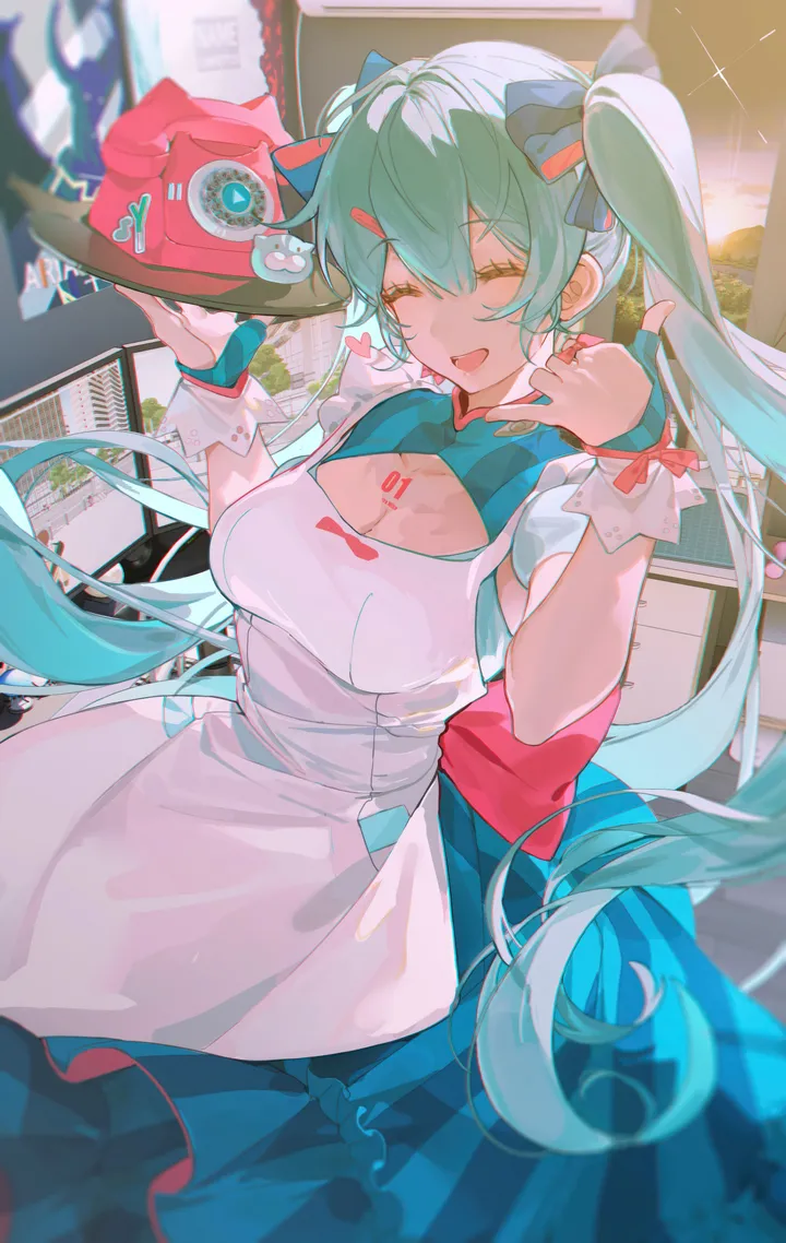 1girl,medium_breasts,breasts,cleavage,bangs,solo,hands_up,closed_eyes,twintails,hairclip,apron,hair_ornament,indoors,hair_between_eyes,open_mouth,very_long_hair,heart_earrings,tray,holding_tray,holding,cup,aqua_hair,jewelry,white_apron,short_sleeves,vertical,smile,wrist_cuffs,tattoo,earrings,blue_dress,bow,hair_bow,clothing_cutout,dress,long_hair,cleavage_cutout